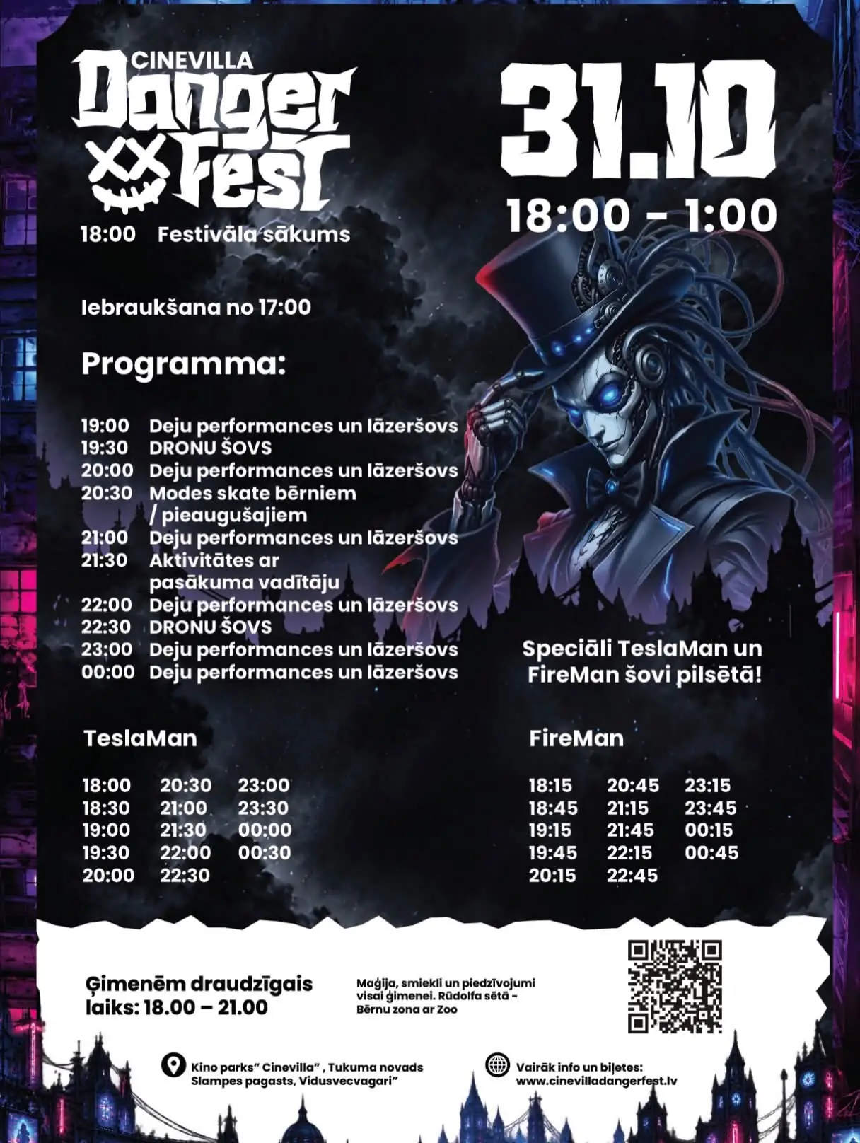 Helovīna festivāls Cinevilla Danger Fest Tukuma novadā no 23. līdz 31. oktobrim. Programmā dronu šovs, gaismu instalācijas, dzīvie aktieri un atrakcijas ģimenēm.
