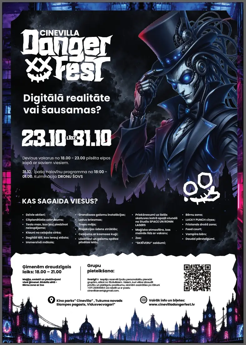 Helovīna festivāls Cinevilla Danger Fest Tukuma novadā no 23. līdz 31. oktobrim. Programmā dronu šovs, gaismu instalācijas, dzīvie aktieri un atrakcijas ģimenēm.